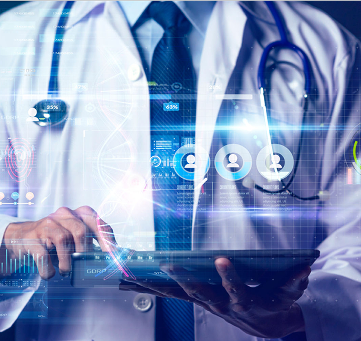 Doctor using digital tablet with medical graphics.