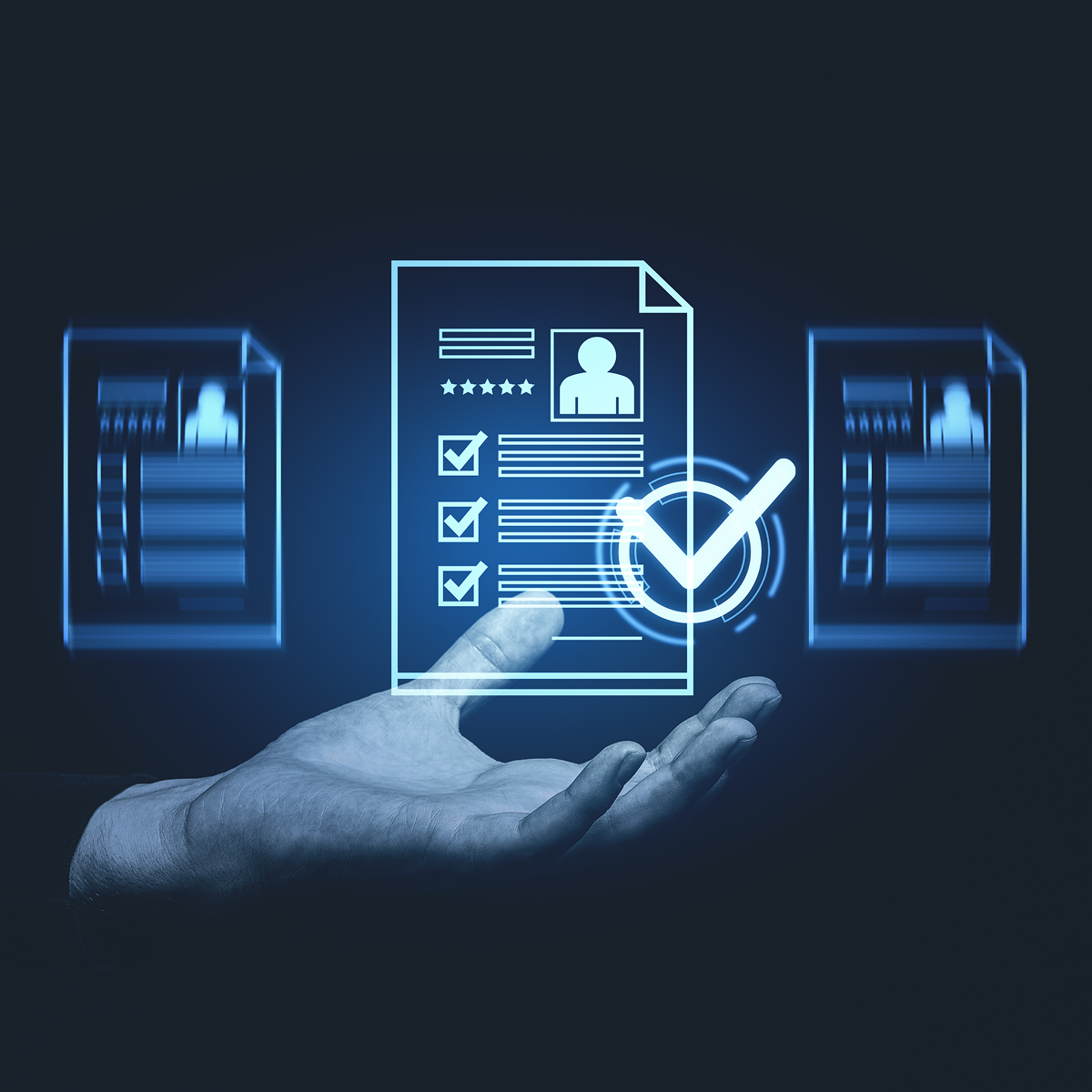 Digital document with checkmarks hovering above hand.