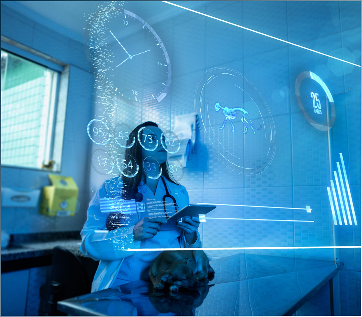 Veterinarian using futuristic digital interface technology.