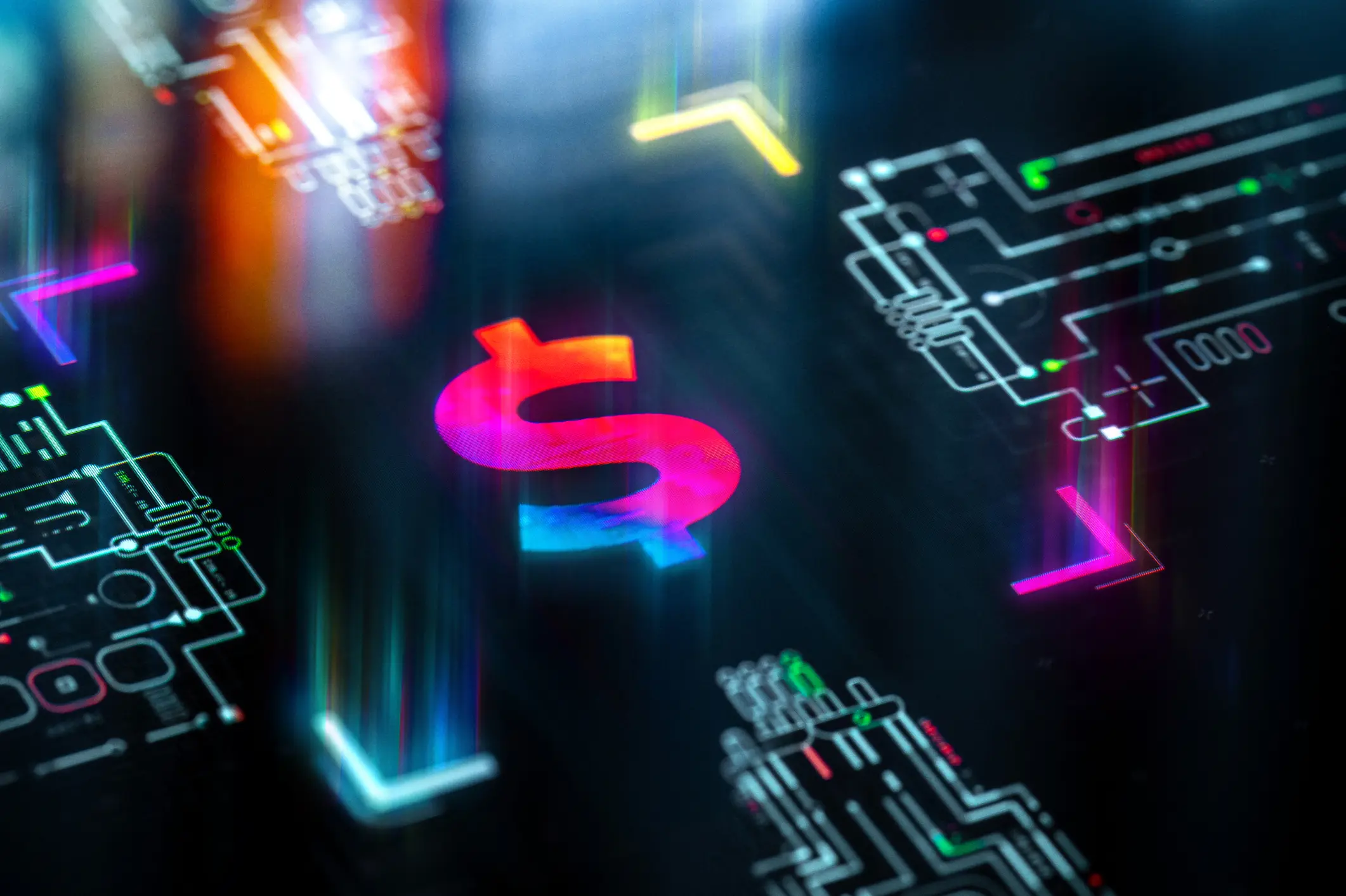 Colorful digital dollar signs and circuit patterns glowing in dark space.