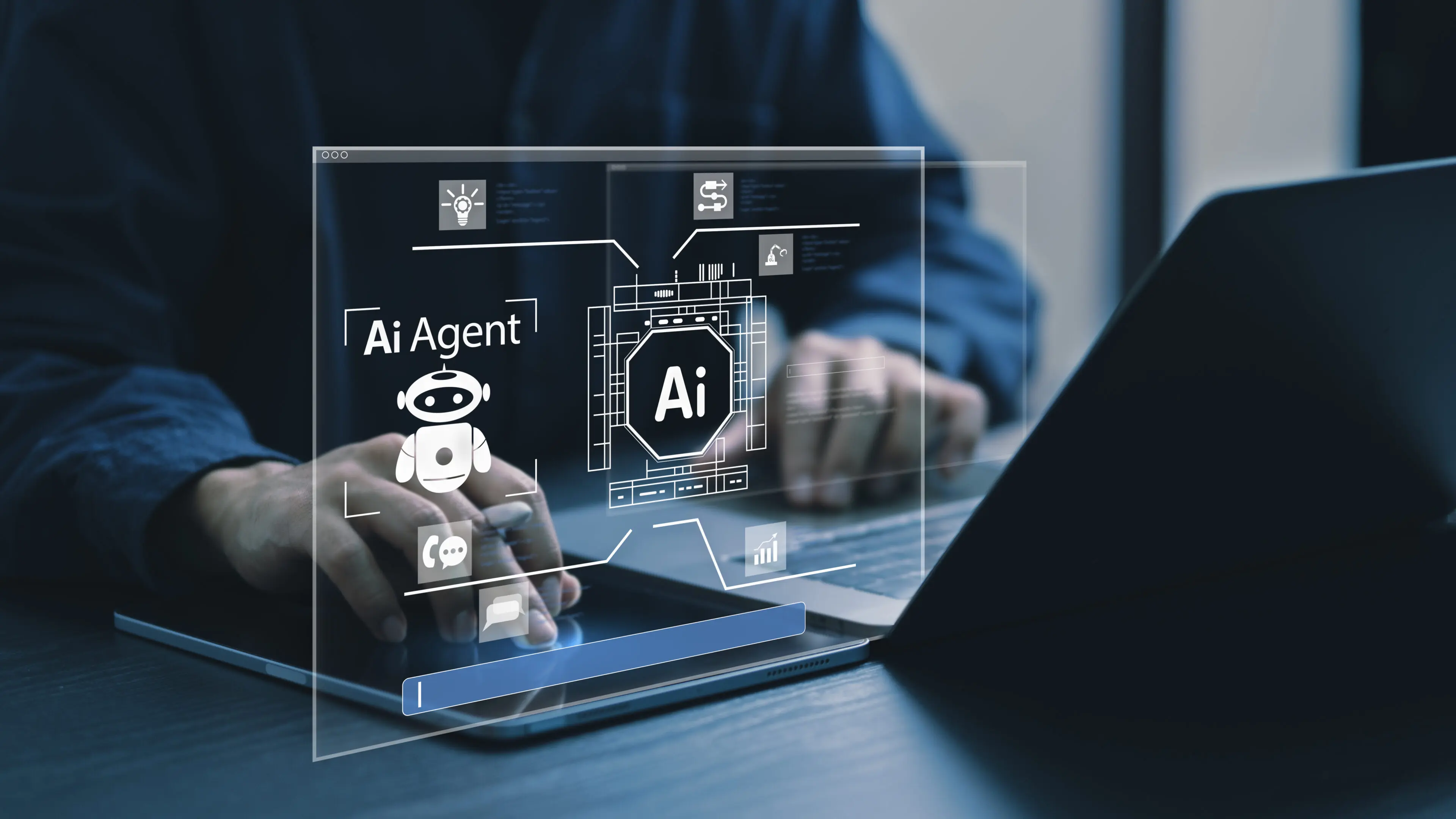 A digital AI agent robot interacting with a laptop user.