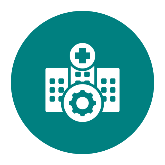 Healthcare facility icon with a medical cross and a gear symbol.