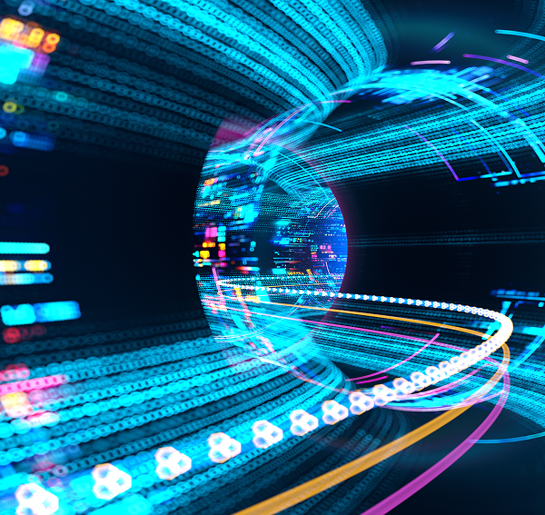 A vibrant digital tunnel with glowing blue and pink light trails.