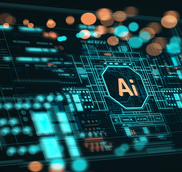 Digital circuit board with AI chip glowing in blue and orange.