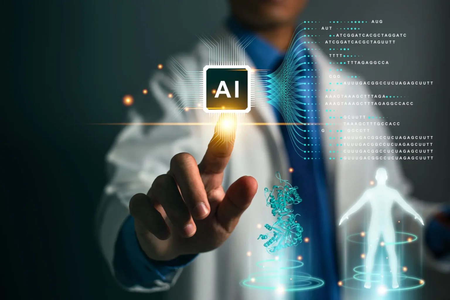 Businessman interacting with AI technology through a digital interface.