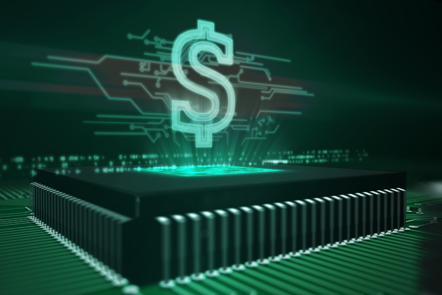 A glowing dollar sign above a microchip representing digital finance.