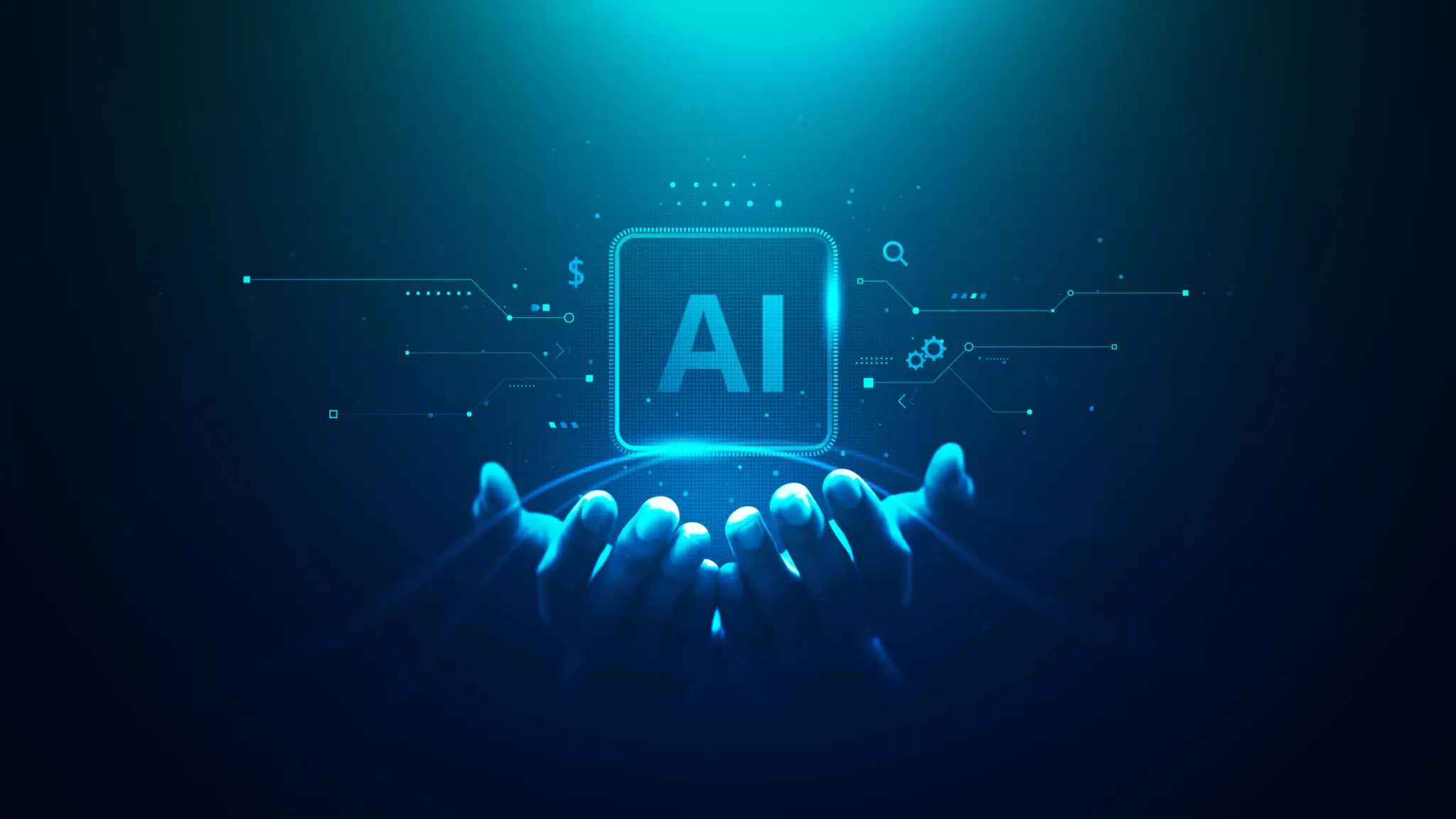 Glowing AI symbol held by futuristic digital hands in a tech environment.