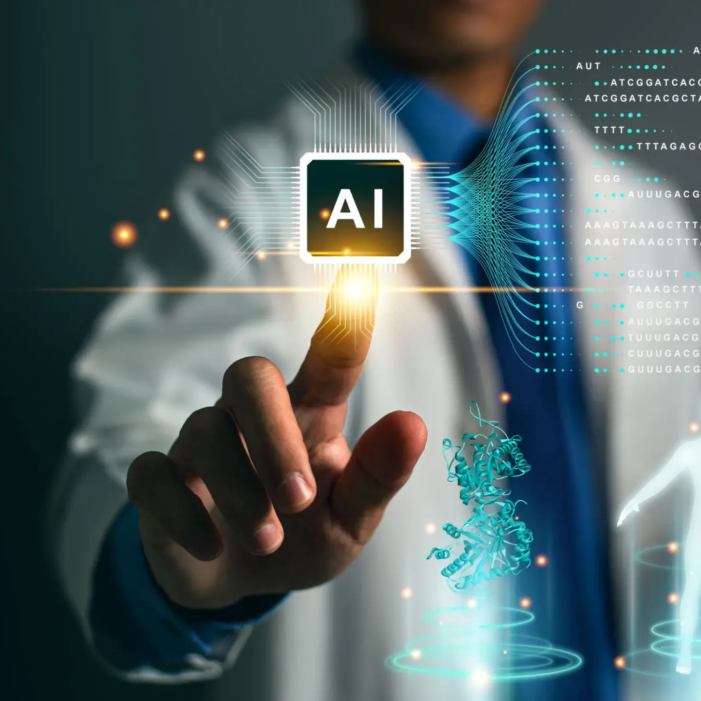 Businessman interacting with AI technology through a digital interface.